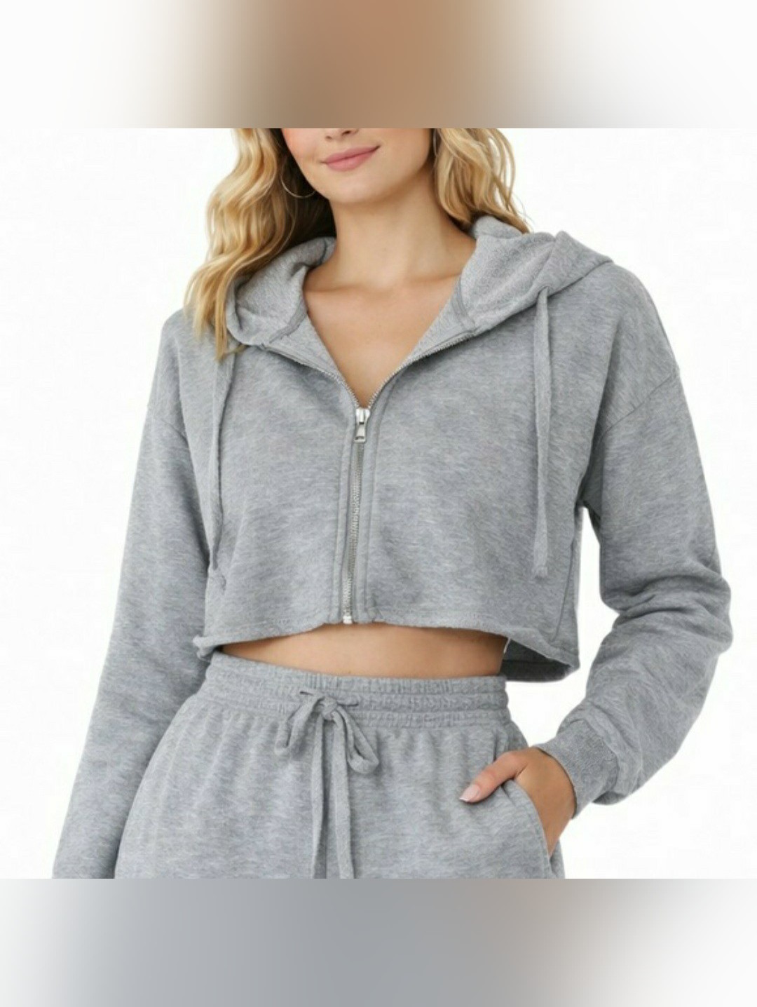 Mono B Cropped Raw Hem Zip Up Hoodie